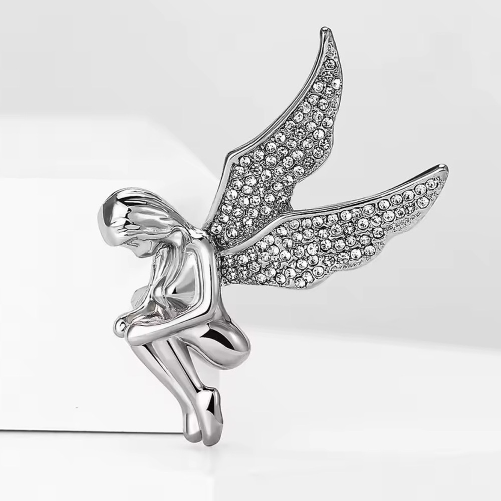 Guardian Angel Wings Crystal Silver Brooch